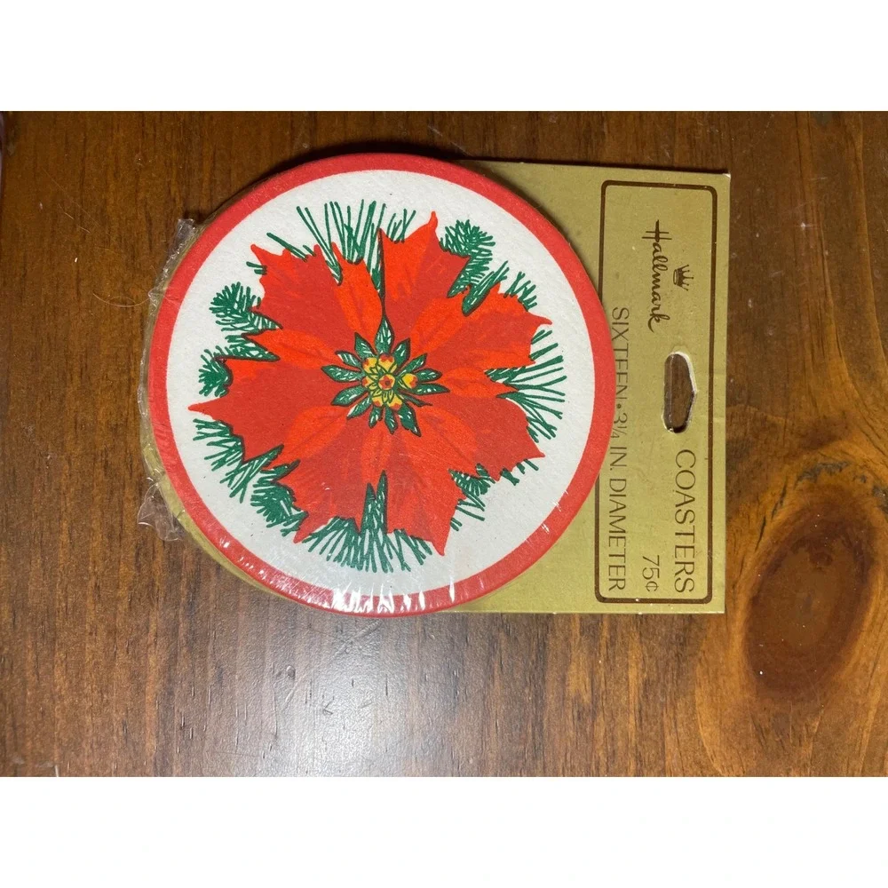 Vintage Hallmark Christmas Coasters Poinsettia Red Green Paper Set of 16 New